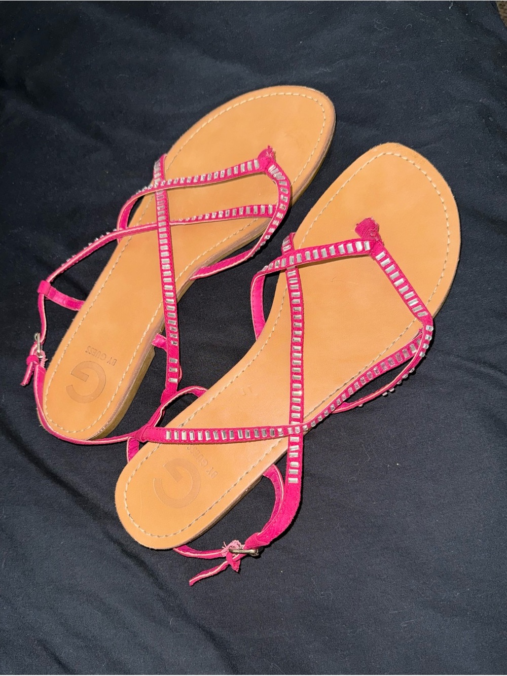 G by Guess Magenta Strappy Gemstone Flat Sandals